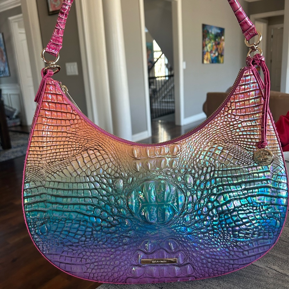 Brahmin Iridescent Ombre Croc-Embossed Hobo Bag - Pink/Blue/Purple